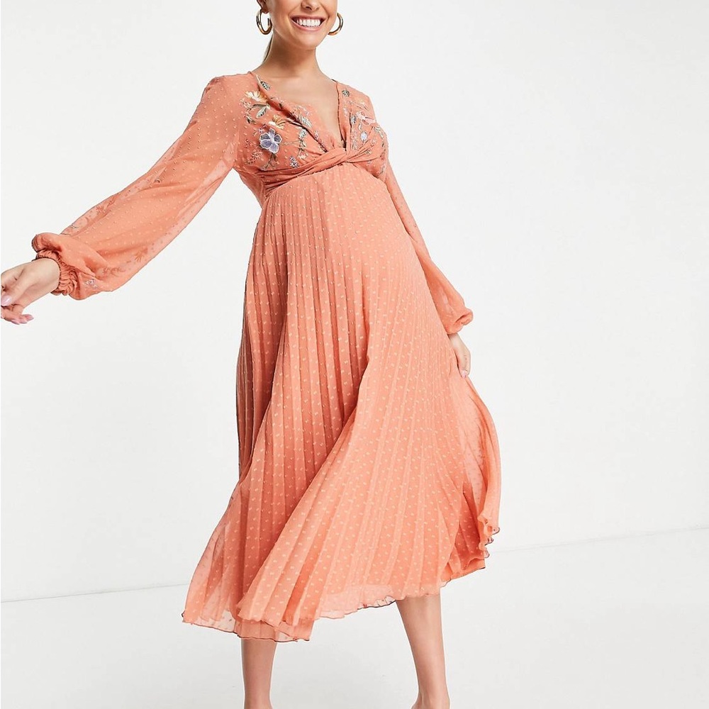 ASOS‎ DESIGN Maternity textured twist front pleated midi dress